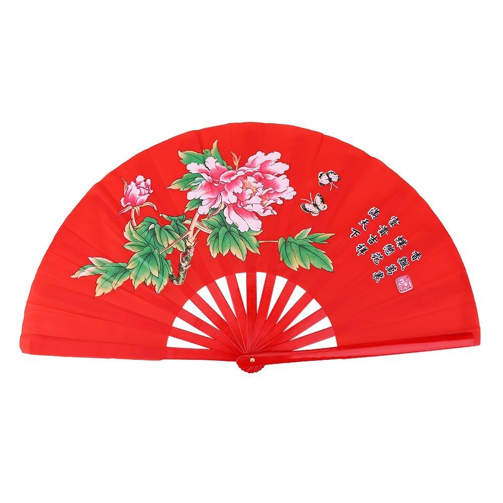 VGEBY Traditional Chinese Fan, Large Folding Hand Chinese Fan Kung Fu Fighting Tai Chi Fan Bamboo Fabric Fan (Red)