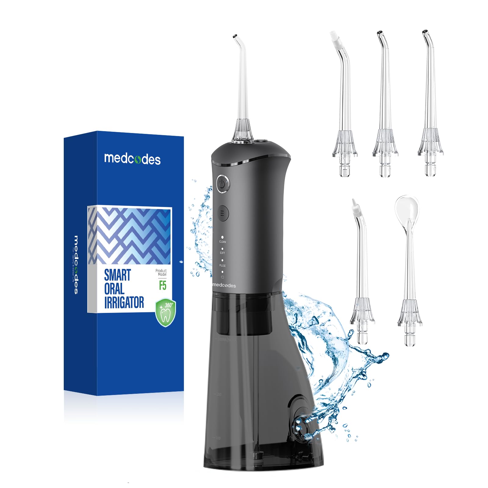 Photo 1 of Medcodes Water Dental Flosser Pick for Teeth - 3 Modes Cordless Oral Irrigator 300ML Portable with 5 Jet Tips, 40 Days Rechargeable IPX7 Waterproof Water Dental for Cleaning for Home Travel(Black)
