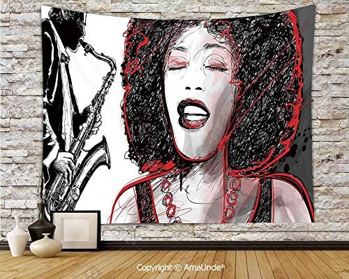 AmaUncle Wall Carpet African American Girl Singing with Saxophone Player Popular Sound Design Wall Hanging Bedding Tapestry 91Wx60L Inch
