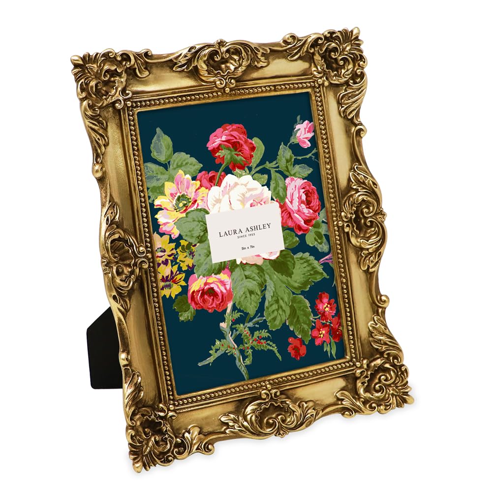 Laura Ashley 5x7 Gold Ornate Textured Hand-Crafted Resin Picture Frame with Easel & Hook for Tabletop & Wall Display, Decorative Floral Design Home Décor, Photo Gallery, Art, More (5x7, Gold)