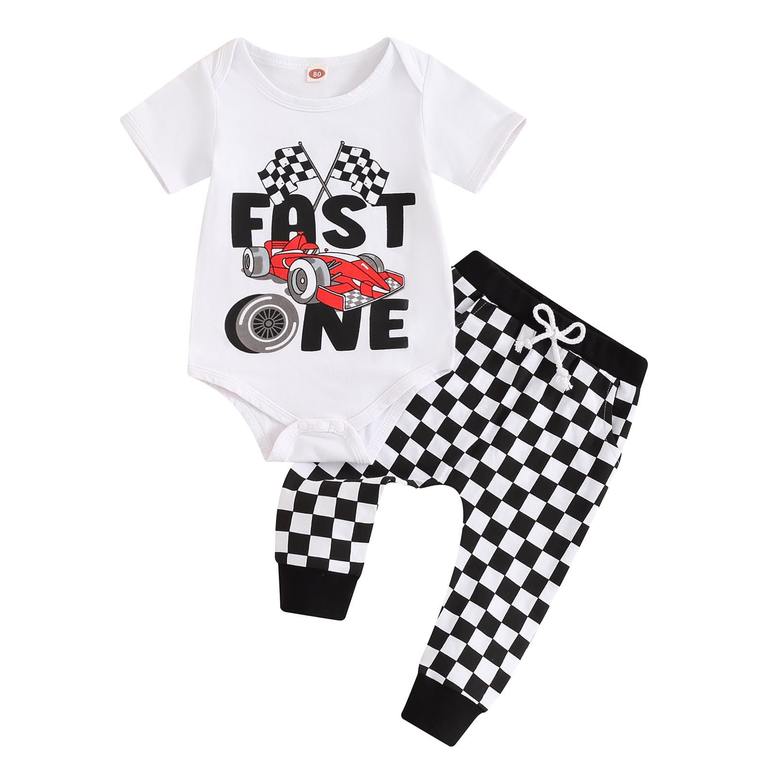 Photo 1 of ***USED****Dcohmch 1st/First Birthday Boy Outfit Race Car Theme Shirt Tops and Checkerboard Pants One Year Old Boys Clothes Set