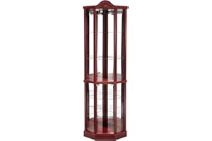 Yayzy Lighted Corner Display Curio Cabinet Wooden Curved Shelving Unit with Tempered Glass Door, Bar and Liquor Storage Area with 6 Shelves (shell shape, Cherry)