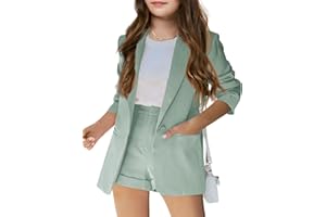 BATERMOON Girls 2 Piece Outfits Button Front Long Sleeve Blazer and Short Pants Suit Sets 4-14 Years