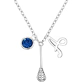 Personalized Stainless Steel Lacrosse Stick Necklace with Initial & Birthstone – Custom Gift for Lacrosse Players, Coaches, Teams – Birthday, Graduation, Christmas – Includes Velvet Jewelry Pouch