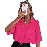 Falainetee Women's Pocket Half Sleeve Button Front Summer Oversized Crop Blouse Tops