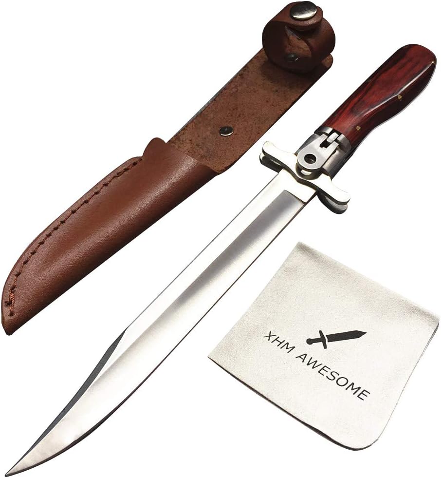 XHM Awesome 12-inch Folding Knife, Tactical Large Blade, Wood Handle, Leather Sheath, for Hunting, Camping, Fishing, Survival, Hiking