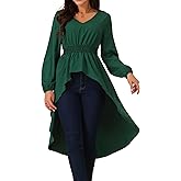 Seta T Women's High Low Tops V Neck Elastic Waist Long Sleeve Dressy Casual Tops Asymmetrical Blouse