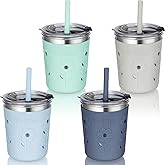 Tiblue Kids & Toddler Cups, 4 Pack 8oz Spill Proof Stainless Steel Tumblers with Leak Proof Lids, Silicone Straw with Stopper & Sleeve, BPA FREE Snack Smoothie Drinking Cup for Baby Girls Boys