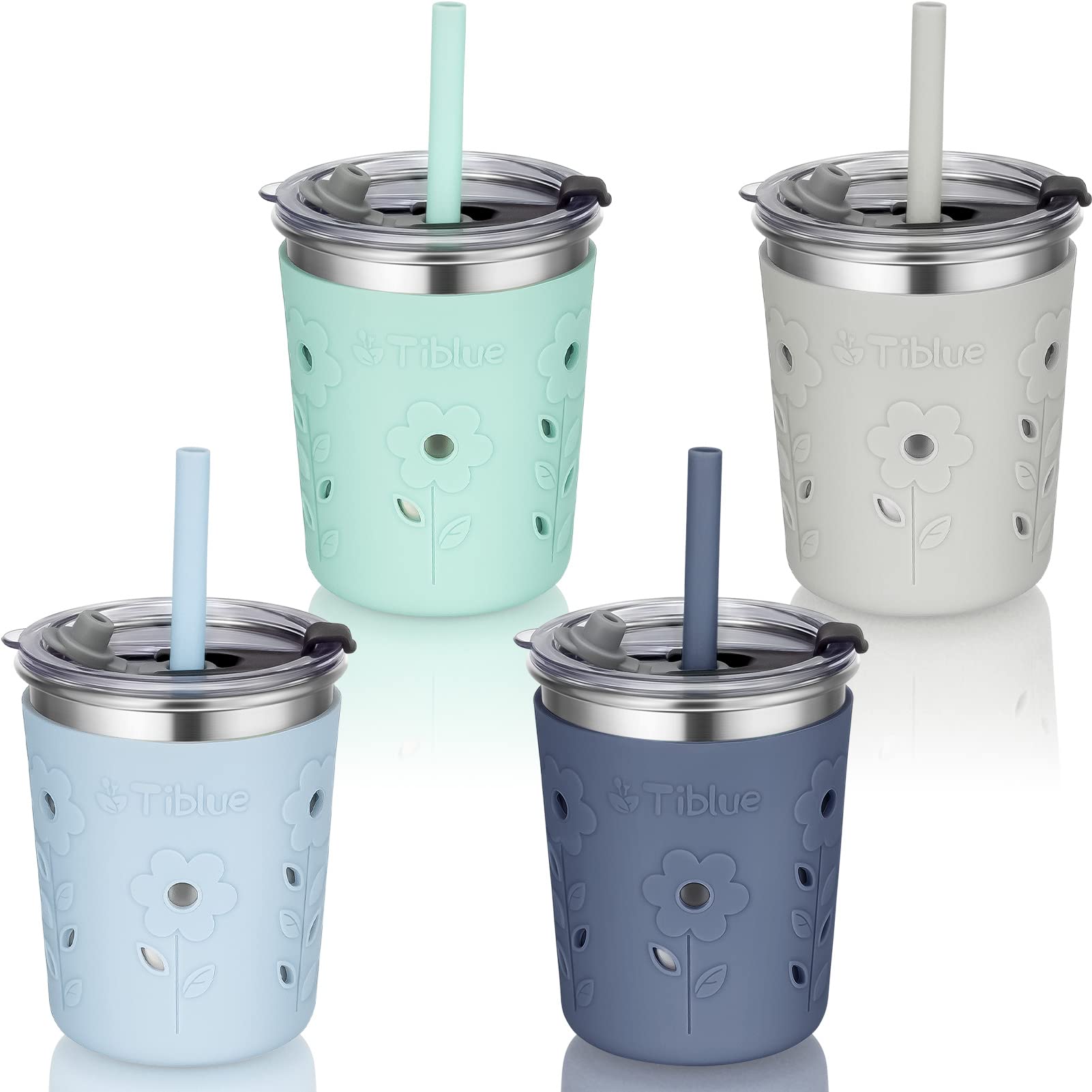Photo 1 of Tiblue Kids & Toddler Cups, 4 Pack 8oz Spill Proof Stainless Steel Tumblers with Leak Proof Lids, Silicone Straw with Stopper & Sleeve, BPA FREE Snack Smoothie Drinking Cup for Baby Girls Boys