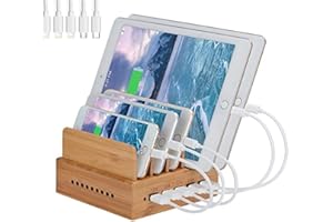 Yisen Wood Bamboo Multi Device Charging Station 5-Port USB Charging Dock for for iPhone, iPad, Universal Phones, Tablets and 