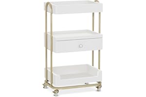 BarberPub Salon Trolley Cart with Lockable Wheels, Stylist Trolley with 3 Shelves, Salon Storage Cart for Beauty Shop, Barber Shop, Spa 2086 (White&Gold)