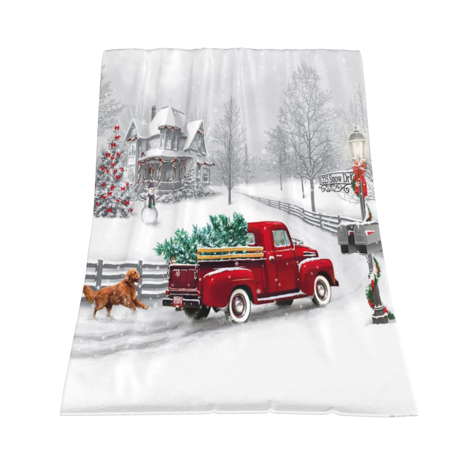 JOOCAR Christmas Throw Blanket Winter Holiday Snow Red Truck and Dog Fannel Blanket Soft Plush Warm Throw Blanket for Bed Couch Living Room Sofa Chair(White, 50" x 60") — image 1