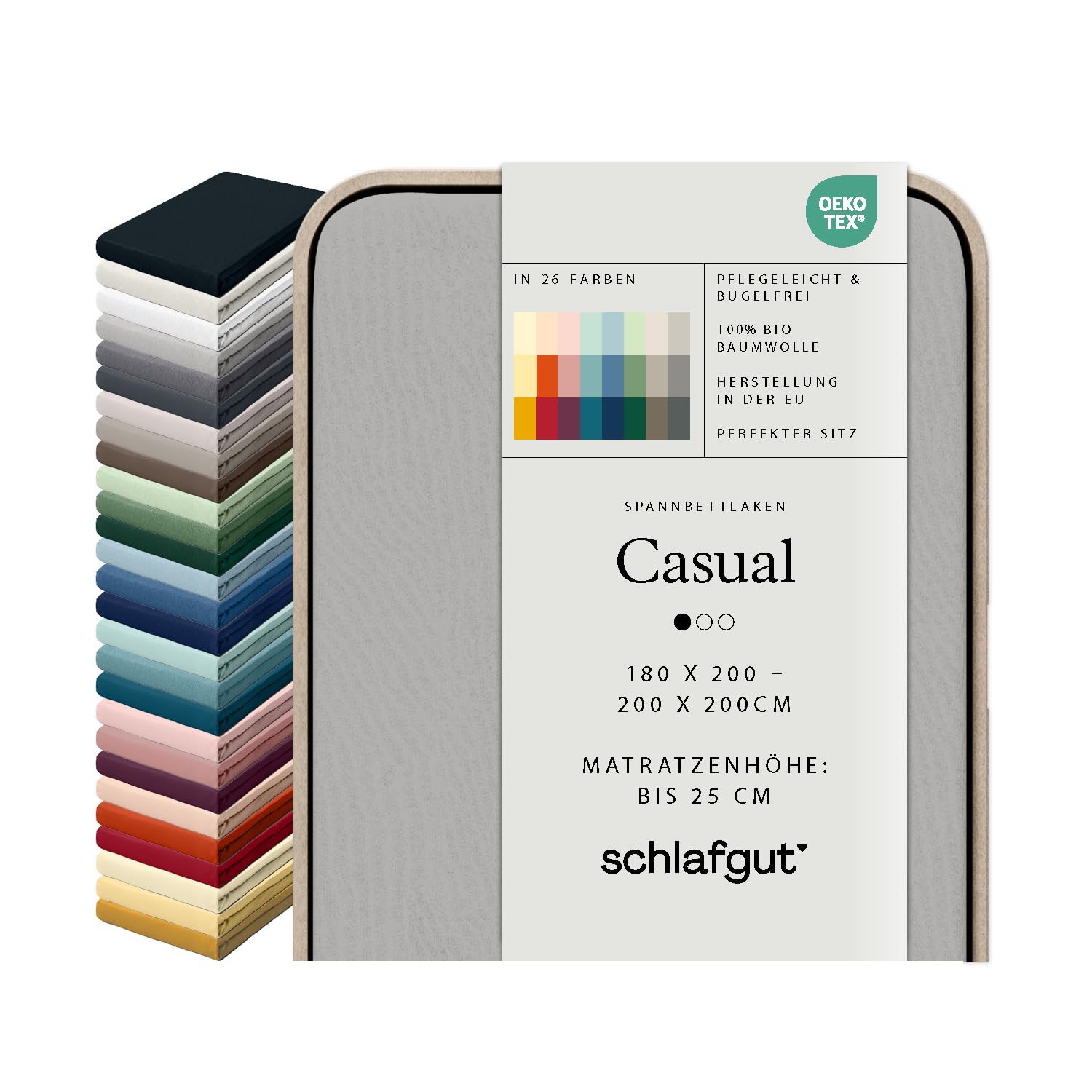 schlafgut Casual fitted sheet, 100% organic cotton, Soft and breathable, OEKO TEX certified, No elastic (Grey Light, XL 180x200cm - 200x200cm)