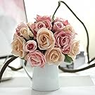 Artificial Flowers, Fake Flowers Silk Plastic Artificial Roses 9 Heads Bridal Wedding Bouquet for Home Garden Party Wedding Decoration (Pink Champagne)