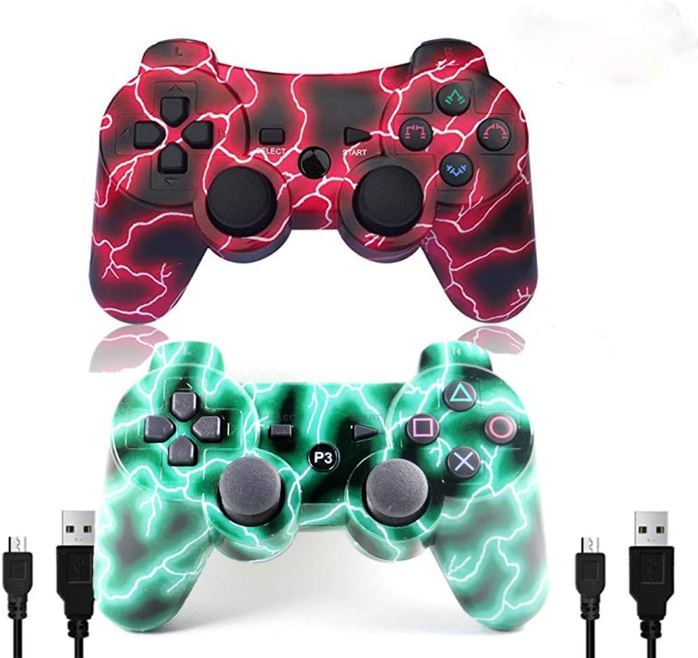 [2 Pack] Wireless Double Vibration Game Controller Bluetooth Gamepad Remote for PS3 Playstation 3 [Gift 2 Charging-Cable] (Red Lighting)
