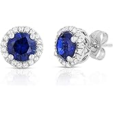 ORO LEONI 10K White Gold Created Sapphire 6mm Round Topaz Halo Elegant Stud Earrings, Blue