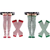 ZXOLDZX 4 Pairs Womens Striped Arm Warmers Goth Y2K Knitted Fingerless Gloves with Long Knee High Socks Set