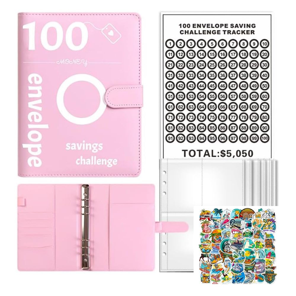 100 Envelopes Saving Challenge,Savings Book with Cash Envelopes Fun Budget Challenges for Money Easy Budget Binder Organizer for Couples Offices Home School (Pink, Surfing)