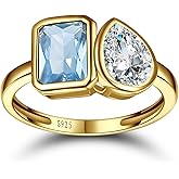 Yaresul 6x8mm 3.5CT Toi Et Moi Ring 925 Sterling Silver 14k Gold Plated Aquamarine Engagement Ring For Women Double Stone Ring Emerald & Pear Cut Cubic Zirconia Wedding Ring Width Band 1.9mm - Size 5-9