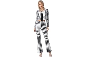 IFFEI Women's Black White Vertical Striped Suit Open Front Striped Blazer Bell-bottom Pants with Tie for Halloween