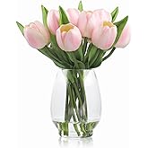 WELL KNOWN 12 Pcs Tulips Artificial Flowers in Vase, Real Touch Tulips with Vase with Upgrate Acrylic Water Flower Arrangements Centerpiece for Dining Room Table Decoration(Pink)