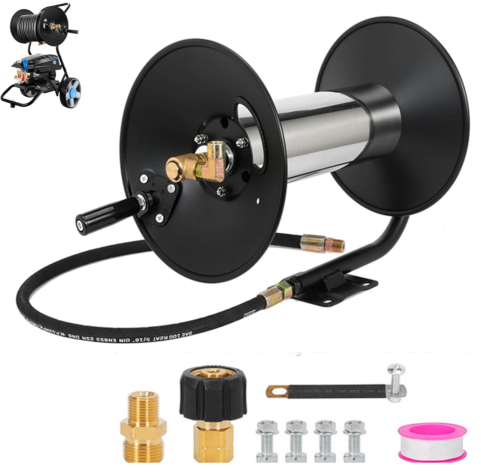 Photo 1 of Pressure Washer Hose Reel?100FT Power Washer Hose Reel 3/8" NPT Outlet Pipe Heavy Duty Steel High Pressure Washer Reel 4000 PSI with Hand Crank Swivel Arm