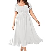 SCOMCHIC Womens Plus Size Summer Maxi Dress Ruched Front Square Neck Smocked Flowy A Line Formal Wedding Guest Dresses