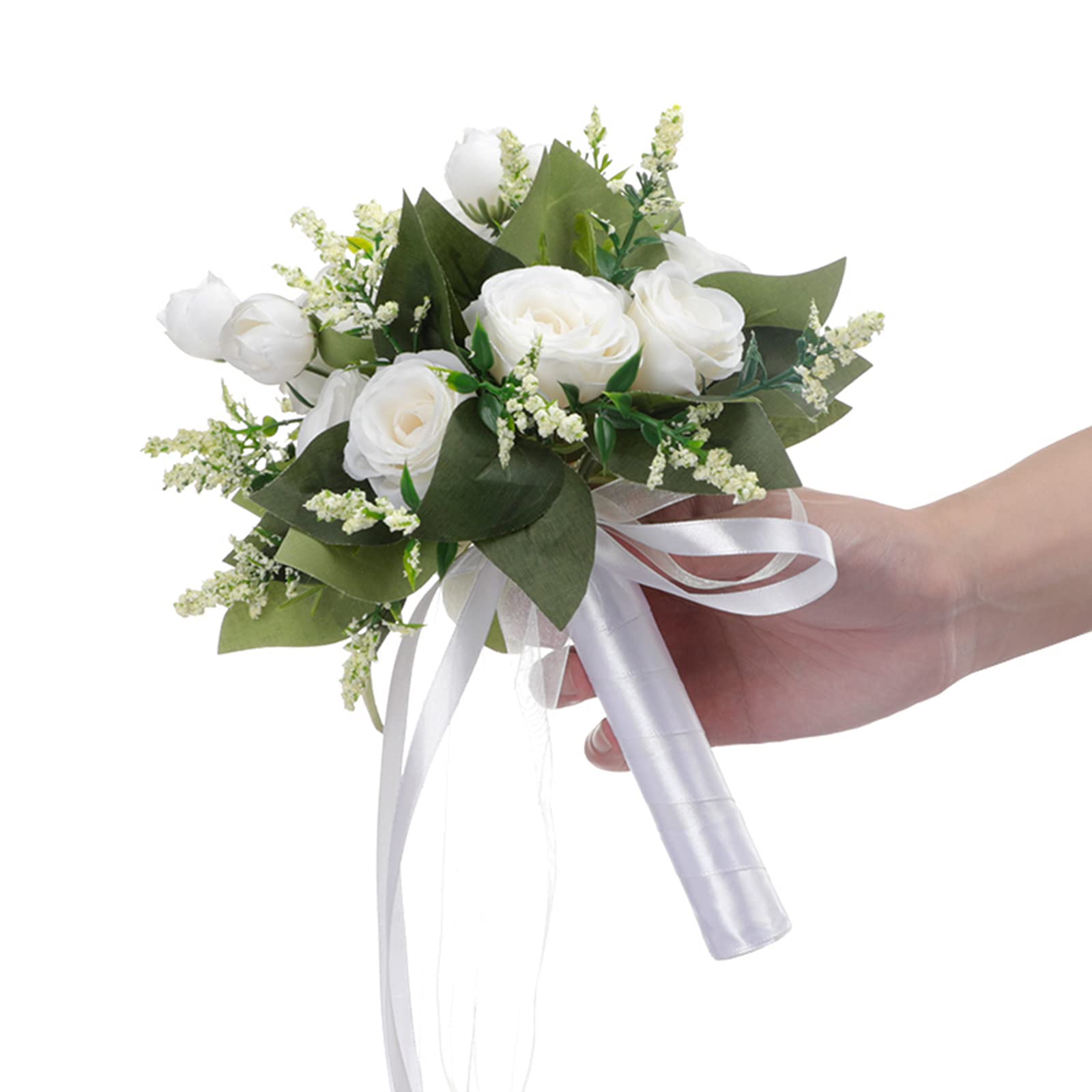 JstDoit Bridal Bouquet for Brides Bridesmaids, Wedding Bouquets with Ribbon Holding Flowers Artificial Rose Flowers for Wedding Valentine's Day Church Party