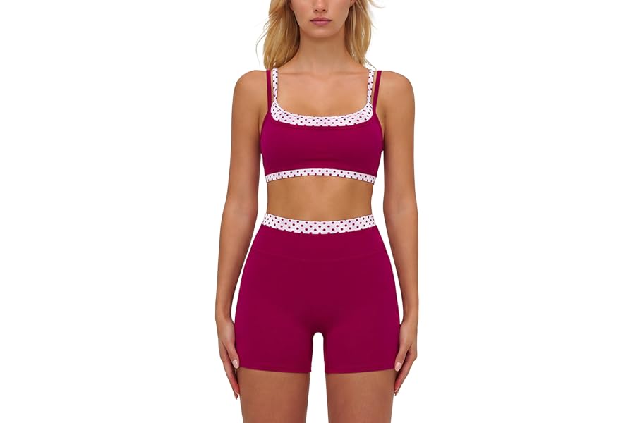 ABOCIW Layered Workout Sets for Women 2 Piece Polka Dot Sports Bra High Waist Shorts Gym Active Yoga Pilates Outfits