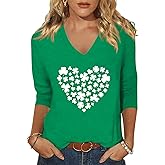 St. Patrick's Day T Shirts for Women 3/4 Length Sleeve Tops Irish Lucky Shamrock Graphic Csaual Holiday Tops