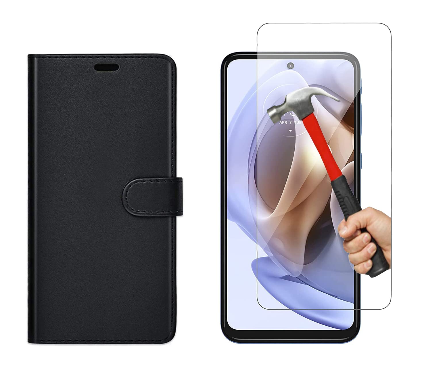 KP TECHNOLOGY Moto G31 Case, Moto G31 Leather Case, Moto G31 Book Flip Leather Wallet Cover with Tempered Glass Screen Protector for Motorola Moto G31 (BLACK)