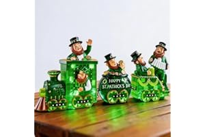 YIYA 3 Pcs Ireland St Patricks Day Decorations Train Figurine with Lighted Leprechaun Irish Resin Tabletop Centerpiece Decor 