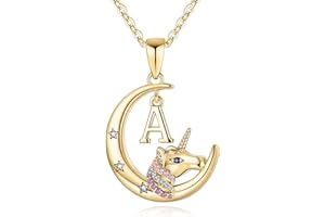 HIDEPOO Unicorns Gifts for Girls - 14K White/Rose Gold/Gold Plated Crescent Moon Pendant Unicorn Necklaces for Girls Colorful CZ Initial Unicorn Necklace Jewelry Birthday Gifts Unicorn Gifts for Girls Women