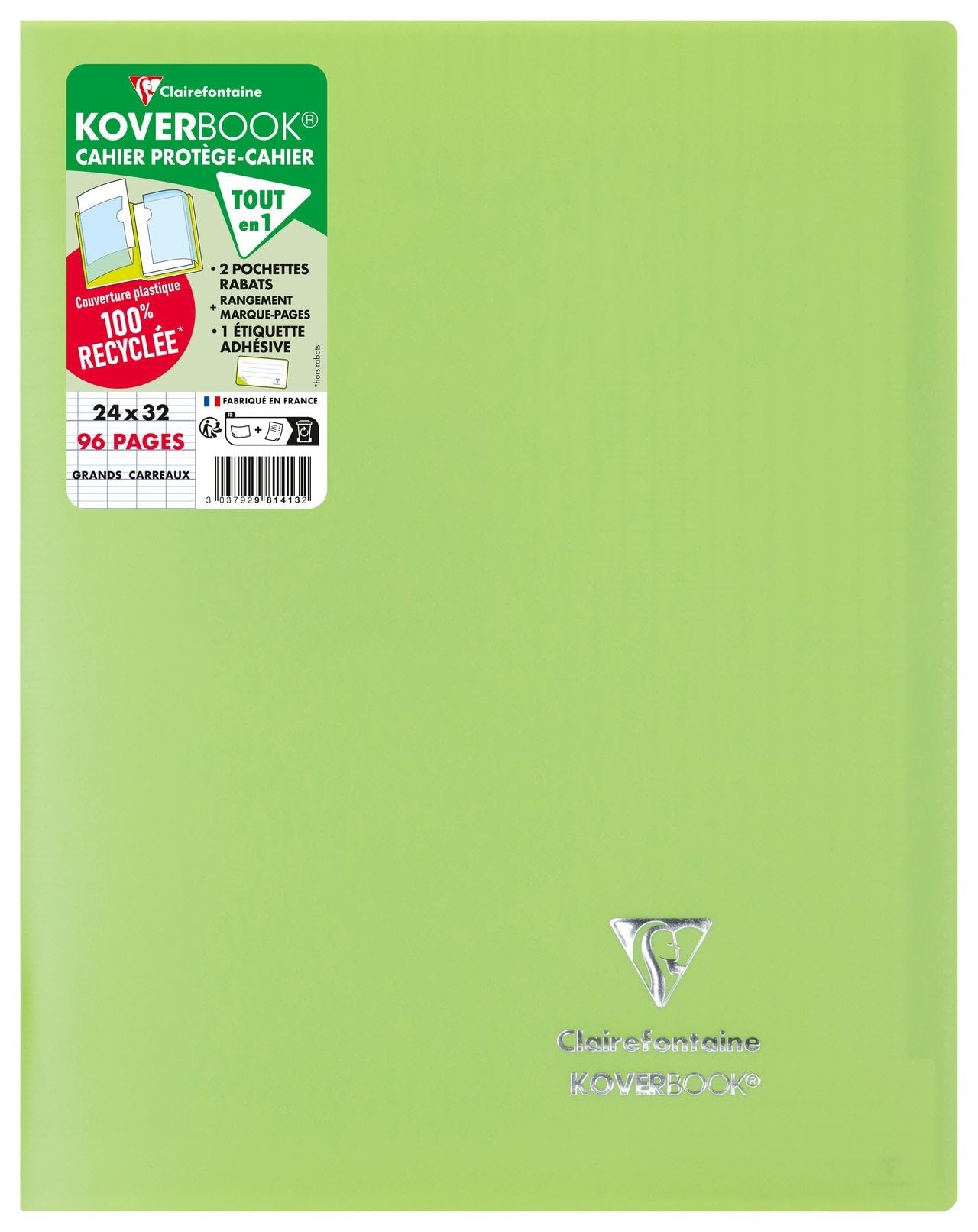 Clairefontaine 981413C - One Green Koverbook Stapled Notebook - Size: 24x32 cm - 96 Seyes Ruled Pages - White Paper 90 g - Opaque Recycled Polypro Cover
