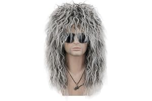 VGbeaty Adult Men Women Long Curly Gray Gradient White Wig 70s 80s Rocker Mullet Halloween Costume Cosplay Wig