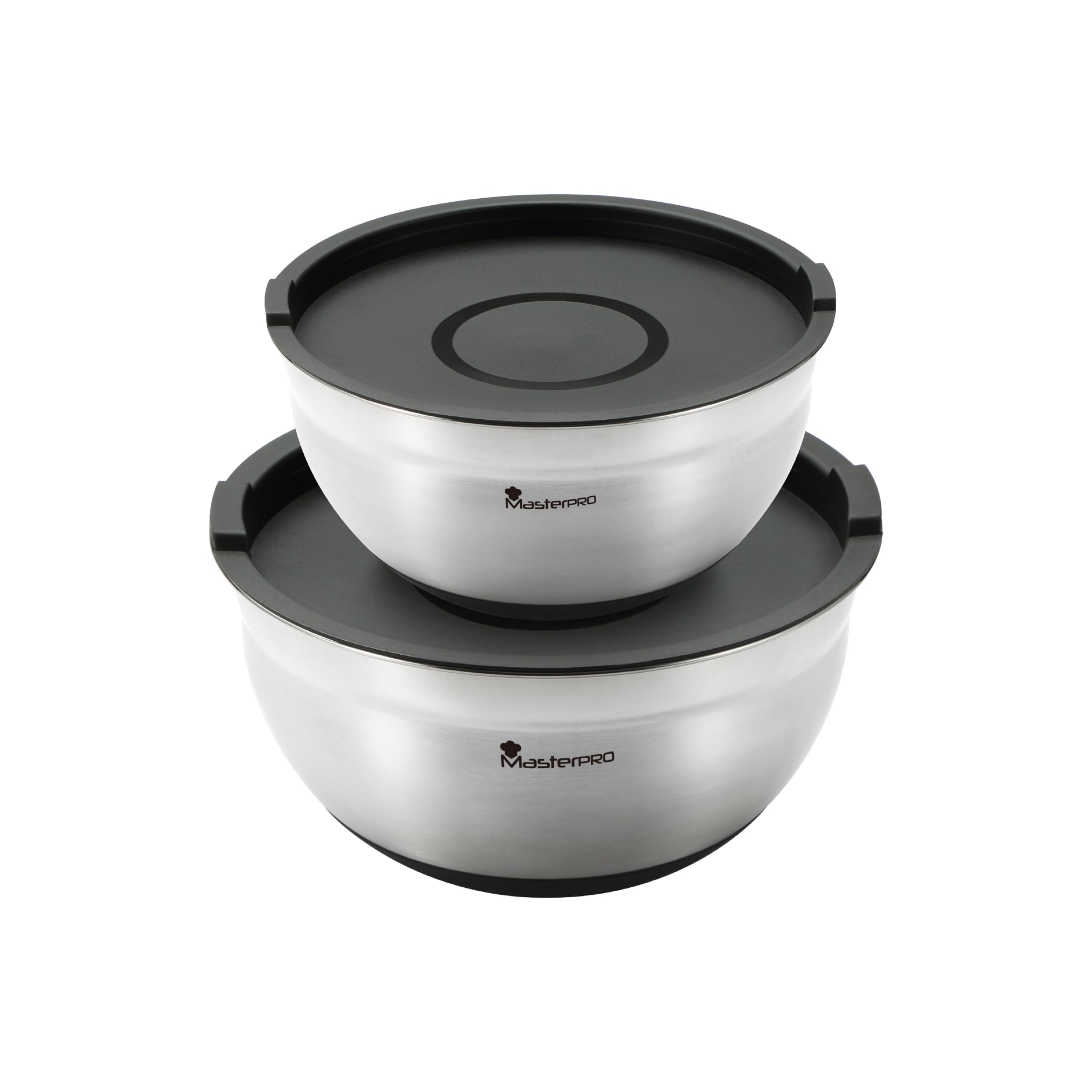 MasterPRO Foodies Collection - Set of 4 Stainless Steel Mixing Bowls with Lid - Measuring Scale - Non-Slip Base - Durable and Stylish