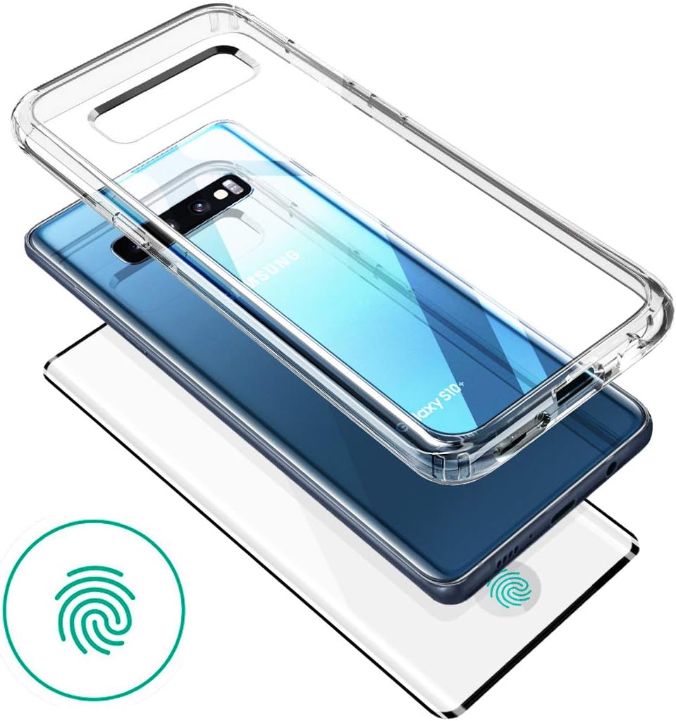 for Samsung Galaxy S10 Case, Clear Transparent Full Body Case Shockproof Rugged Hybrid Front Real Tempered Glass kit [VVUP] -Support Fingerprint Unlock Sensor Position-