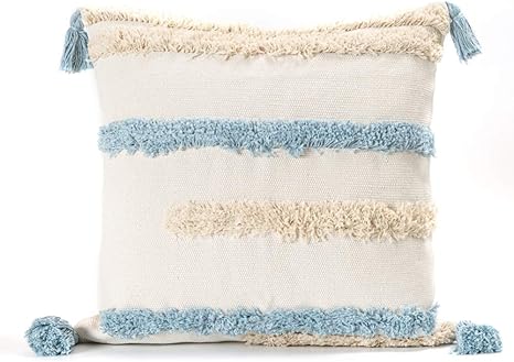 Amazon Com Boho Tufted Decorative Throw Pillow Covers 18x18 Cotton Woven Home Decor Pillow Case With Tassels Modern Square Pillowcase Accent Pillows For Couch Bed Aqua Blue Cream 18x18 Inches Home