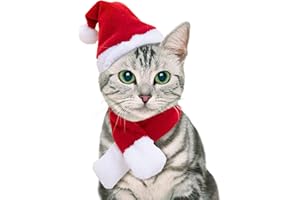 NAMSAN Christmas Cat Hats Costume, Santa Hat with Red Scarf for Cats Small Dogs, Rabbit Christmas Hat Outfit, Small Xmas Apparel for Statue, Toys Decoration