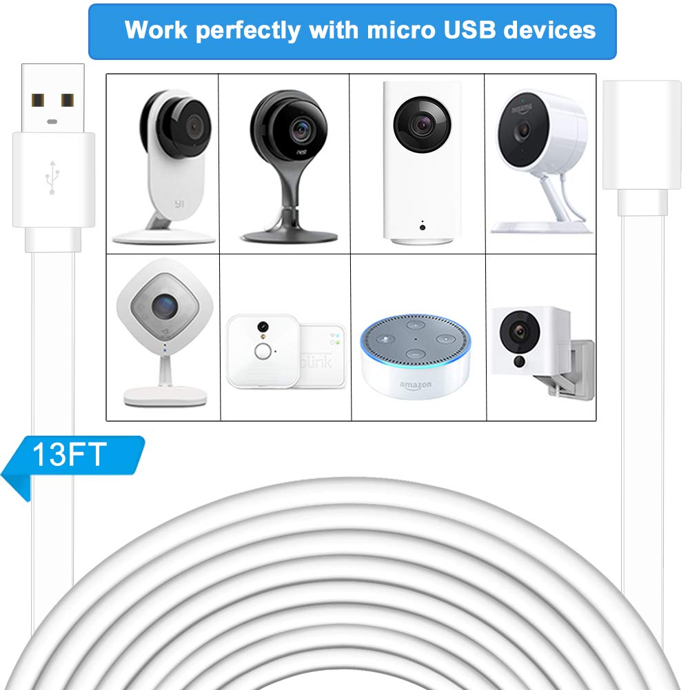 SIOCEN 13FT 2 Pack USB Power Extension Cable for Wyze Cam,WyzeCam Pan,YI Cam,YI Dome Home,Oculus Go,Kasa,Security Camera,Furbo Dog,Nest-Cam,Arlo Pro,Blink,Netvue,Flat A-Male to A-Female Extender Cord