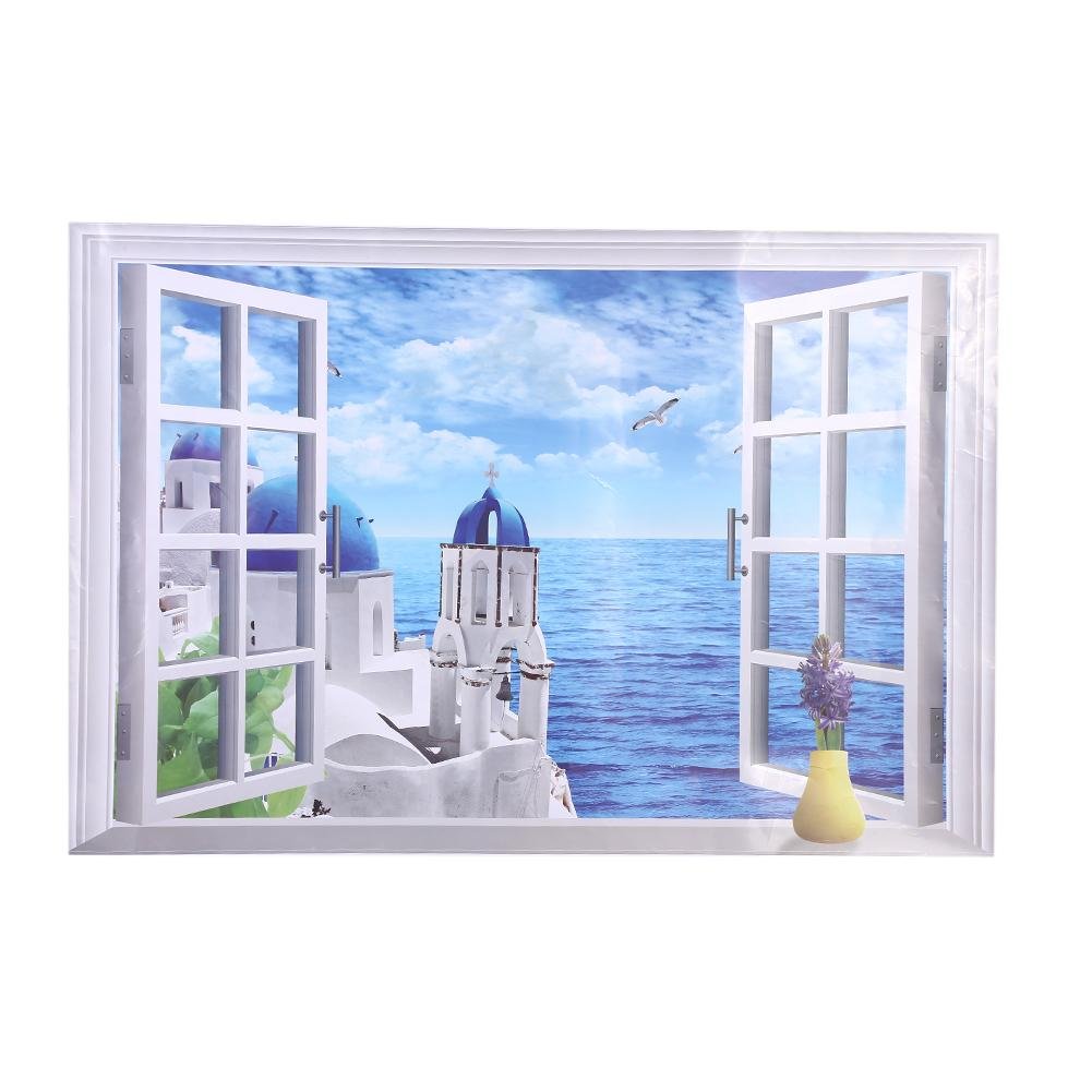 Window Wall Sticker, 3D Large Removable Beach Sea Window Scenery Wall Sticker Self Adhesive Wallpaper Peel and Stick Graphic for Home Decor(Aegean Sea)