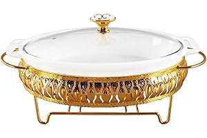 jinsongdafa 10" x 7" Ceramic Oval Casserole Dish with Glass Lid and Gold rack, 30 Ounce White Serving Soup Tureen,Chafing Dis