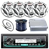 JVC Marine Boat Yacht Radio Bluetooth Media Player Receiver Bundle Combo With 4 x 6.5" 2-Way Coaxial White Speakers & 4Ch Amp