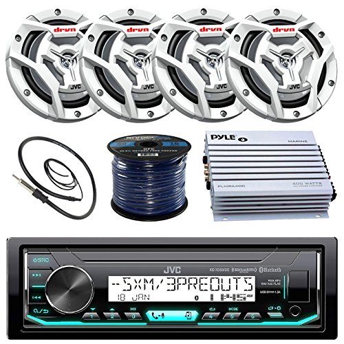 JVC Marine Boat Yacht Radio Bluetooth Media Player Receiver Bundle Combo With 4 x 6.5" 2-Way Coaxial White Speakers & 4Ch Amp