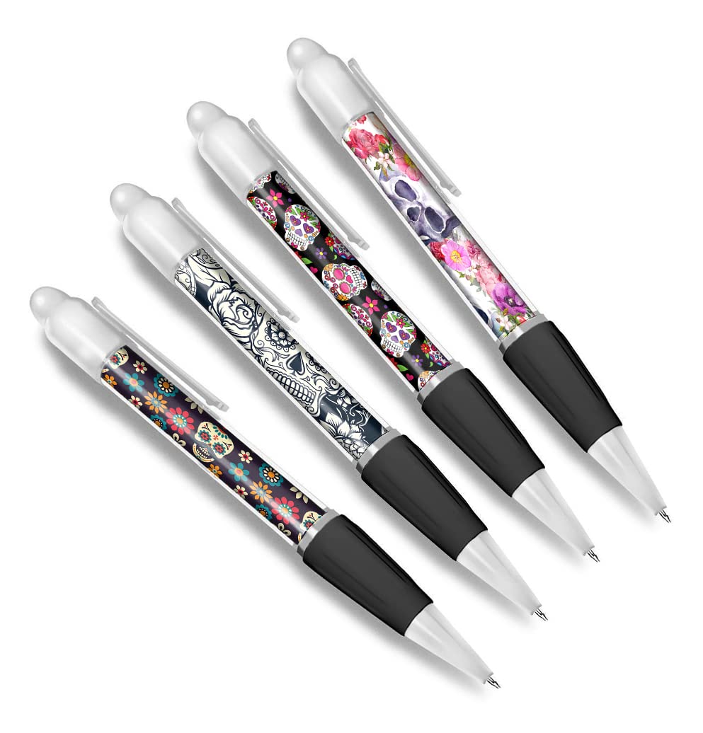 DV DESIGN Set of 4 Sugar Skulls White Ballpoint Pens - Mexican Day of the Dead Cartoon Pattern Floral Themed Boys Girls Men Women Pen #79608