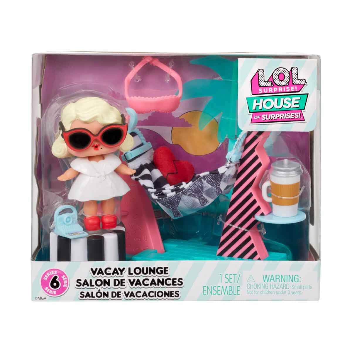 L.O.L. Surprise OMG House of Surprises Playset - VACAY LOUNGE - Includes 3''/7.6cm Leading Baby Doll with 8 Surprises - For Collectors & Kids from Ages 4+