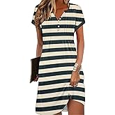 Soesdemo Womens Summer Dresses Short Rolled Sleeve Pleated Button Down V Neck Casual Beach Shift Sundresses with Pockets