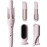 5 in 1 Auto Curling Iron Set with Interchangeable Barrels - 1", 1.25", 1.5" Curling Wand, Hair Crimper & Straightening Brush, Rotating Ceramic Curler, 3 Temp, Dual Voltage, Anti-Scald, Pink
