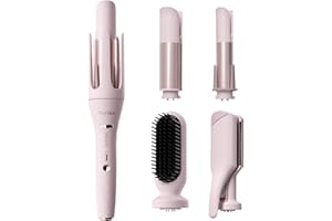 TSUYAGLA 5 in 1 Auto Curling Iron Set with Interchangeable Barrels - 1", 1.25", 1.5" Curling Wand, Hair Crimper & Straightening Brush, Rotating Ceramic Curler, 3 Temp, Dual Voltage, Anti-Scald, Pink