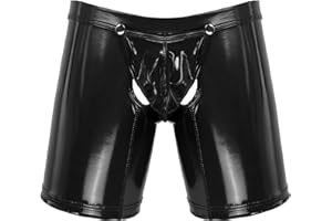 YiZYiF Men's Latex PVC Faux Leather Short Pants Solid Buckled Crotchless Boxer Shorts Hot Pants